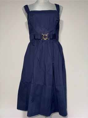 Shoshanna Navy Square-Neck Midi Dress with Gold Buckle